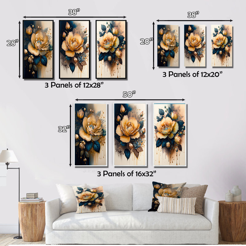 " Yellow And Blue Roses " 3 Piece Art Set, Natural, 32" H x 48" W