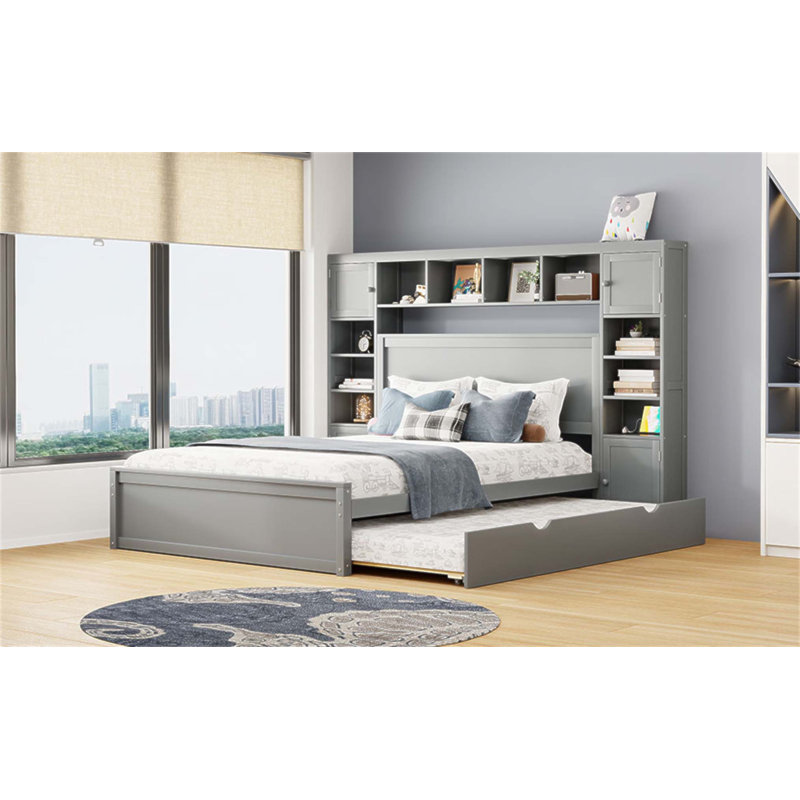 Lit en bois avec armoire tout-en-un, tablette, douilles et lit gigogne très pratique, Grey