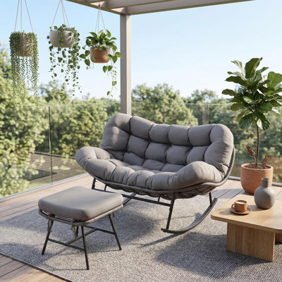 Ensemble de chaises berçantes doubles Papasan - causeuse en rotin pour 2 personnes avec repose-pieds pour patio, salon