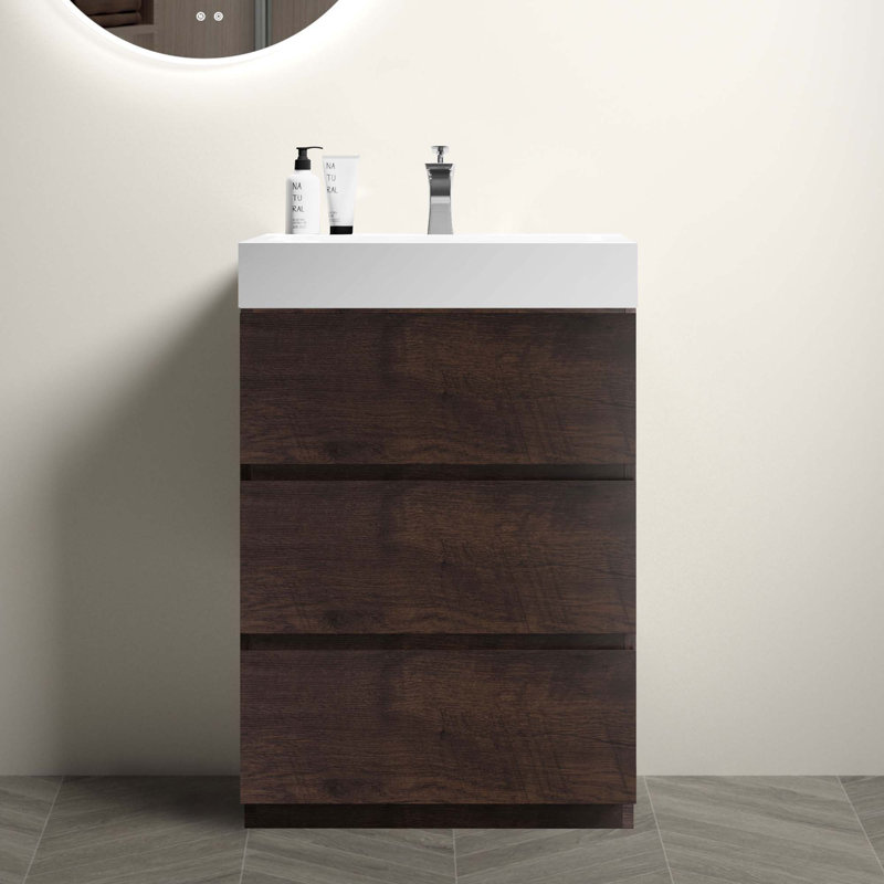 Meuble-lavabo autoportant moderne avec lavabo sans drain et robinet, Noyer, Blanc