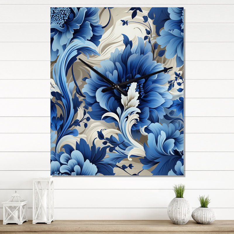 Horloge murale moderne à motif floral victorien bleu I, Moyen