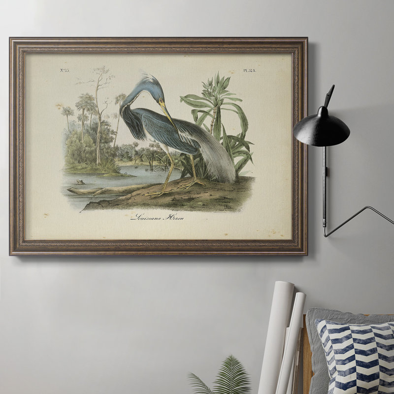 «Louisiana Heron» par John Audubon - peinture sur toile encadrée, H 16 po x l 20 po, Anique Gold Frame