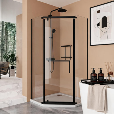 36 inch x 36 inch x 72 inch Matte Black Frameless Neo-Angle Pivot Shower Door with 6 Millimeter Tempered Glass and Explosion-Proof Film