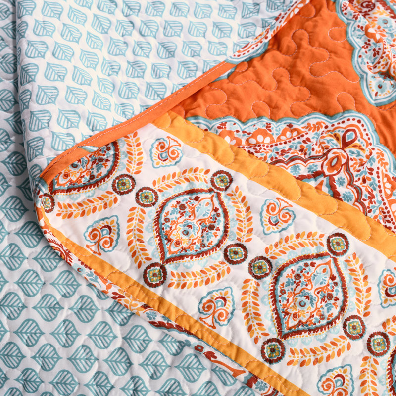 Harley Microfiber Reversible 5 Piece Quilt Set, Full/Queen Quilt+2 Standard Sham+2 Throw Pillow, Tangerine