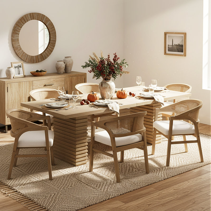 Ellport Mid-Century Modern 7-Piece Dining Set With 95-Inch Double Pedestal Table And Rattan Back Chairs, Light Ash
