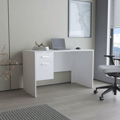 Bureau de travail moderne, blanc avec deux tiroirs et station de travail compacte avec rangement latéral