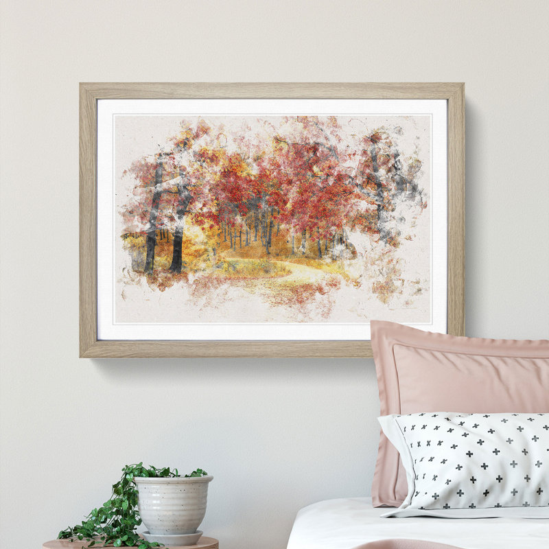 Path Through the Forest at Autumn - Picture Frame Painting Print, 62cm H x 87cm W x 2cm D, Oak Framed