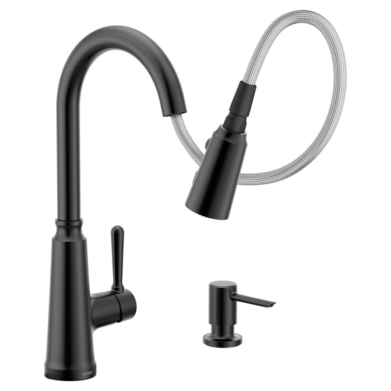 Robinet de cuisine à bec rétractable à poignée simple Moen avec Reflex et Power Boost, Noir mat