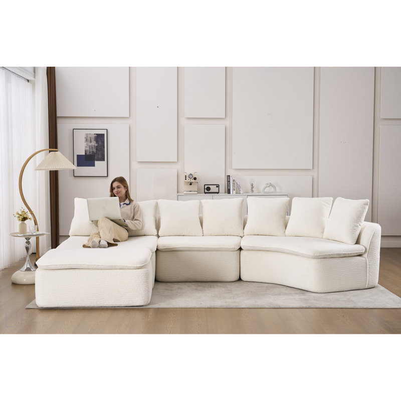 Canapé modulaire en forme de U de 133 po avec fauteuil inclinable amovible, chenille grain de bois blanc, conception désossée, configuration flexible pour les grands salons et les chambres à coucher