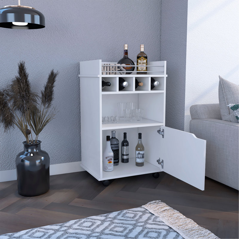 Chariot-bar H 35 po avec deux tablettes, quatre casiers à vin et une armoire, Blanc