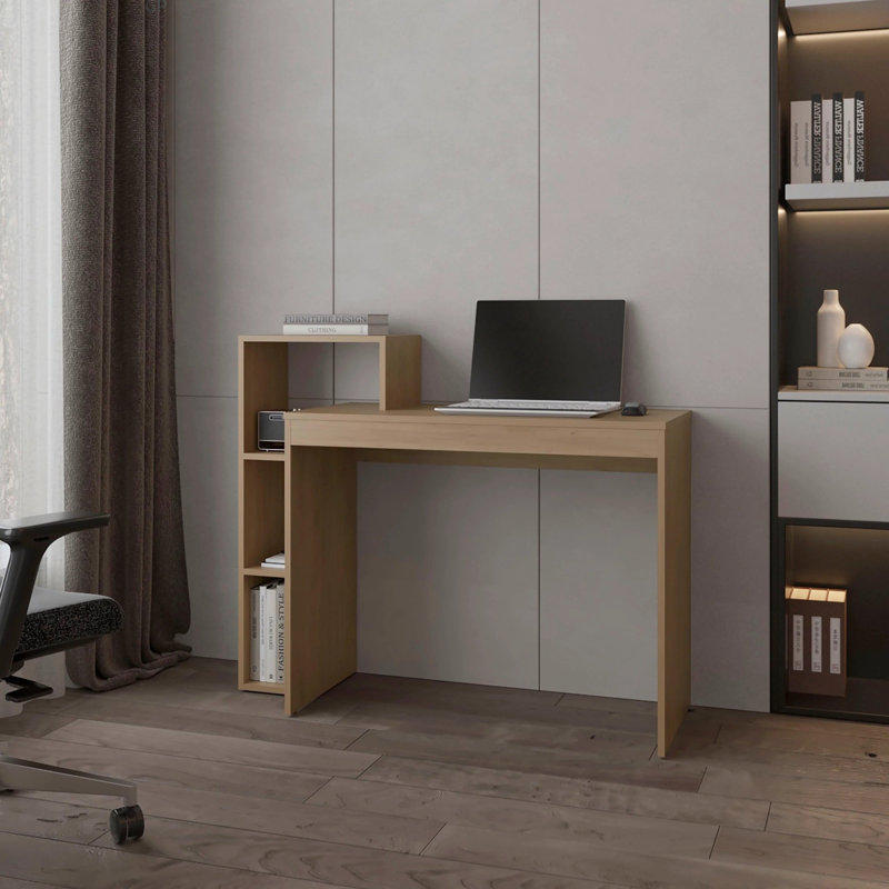 Bureau d'ordinateur en chêne naturel avec rangement ouvert