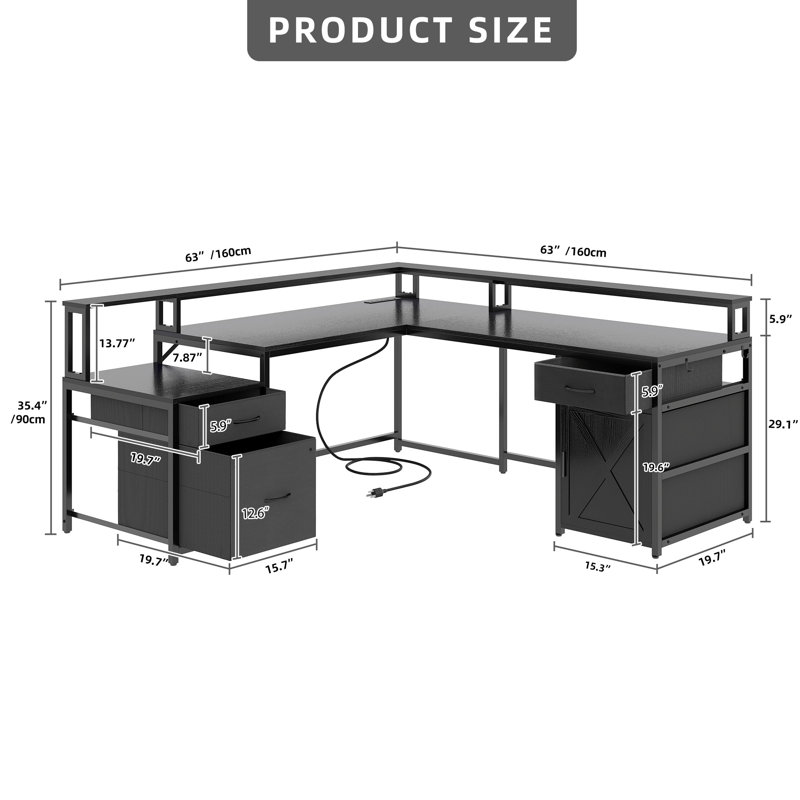 Wrought Studio™ 63'' L-Shaped Desk With Power Outlets & LED Lights, Black