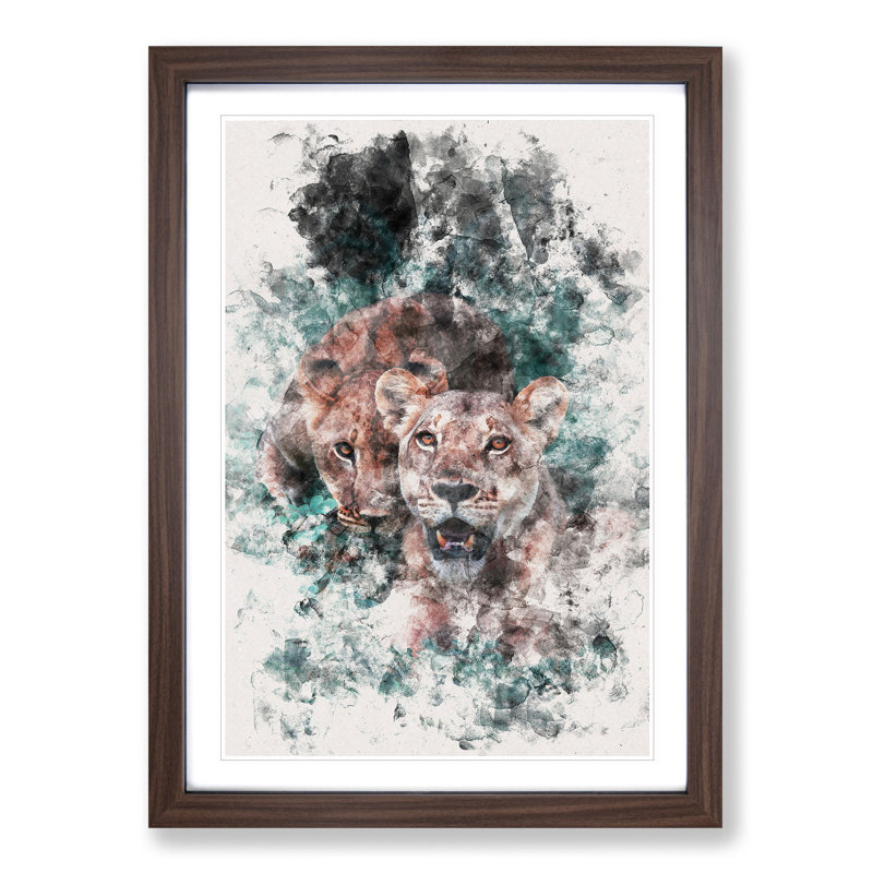 Lioness Duo - Picture Frame Painting Print, 45cm H x 33cm W x 2cm D, Walnut Framed