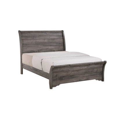 Gray Queen Bed Of Contemporary Style, Horizontal Lines On Headboard, Bracket Feet, Wood Frame For Bedroom Use, Box Spring Required, Quick Setup Finish With Needed, Simple
