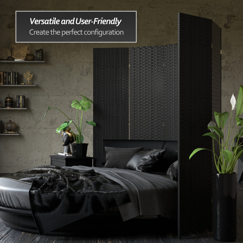 Amitis 7 Ft. Tall Woven Fiber Folding Room Divider, 3, 84'' H x 58.5'' W x 1'' D, Black