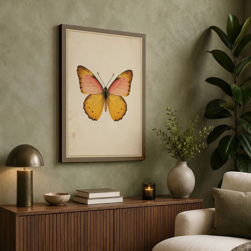 Centered Butterfly Botanical - Wrapped Canvas, 36x24 - 91.4 x 61.0 cm, White Border