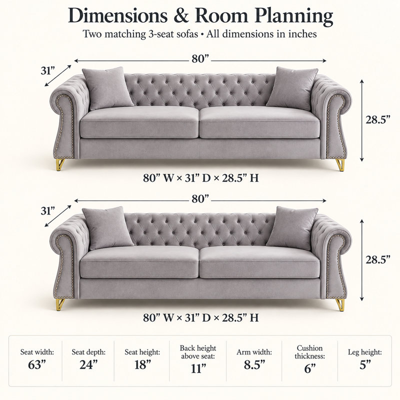 Ensemble de canapé chesterfield en velours 2 pièces Chisholm avec deux canapés 3 places de 80 po, capitonnage, accoudoirs roulés et pieds en métal