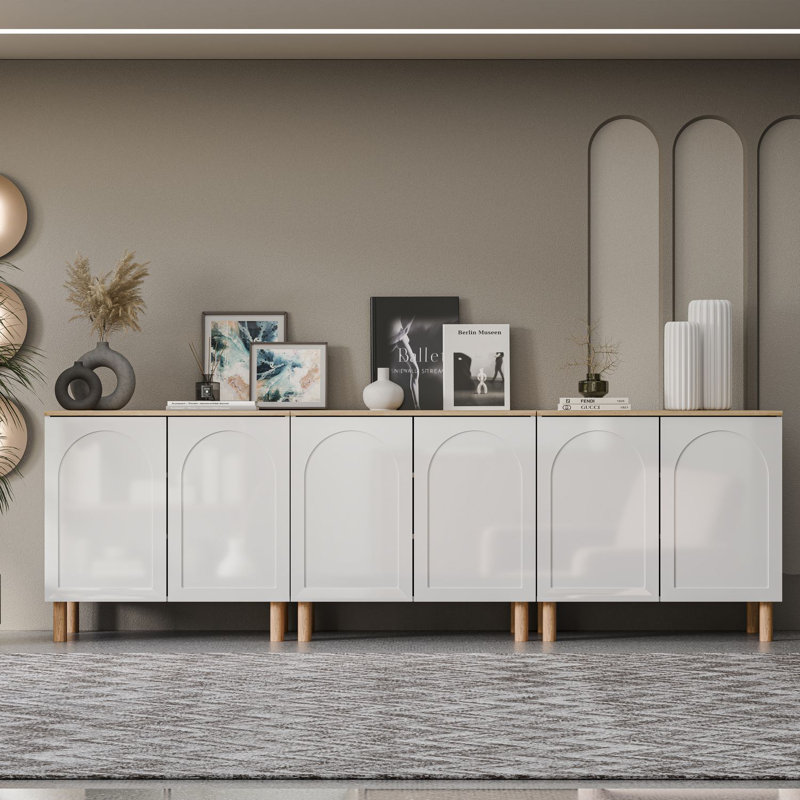 Bohem Sideboard with MDF Doors, White/Oak, 34" x 105" W x 20" D