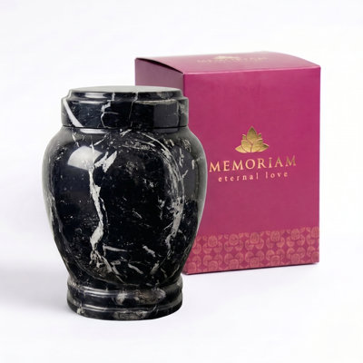 Handcrafted Black and White Marble Cremation Urn with Secure Lid for Child or Pet Ashes, Size 1.0, 4.5 x 4.5 x 6 Inches