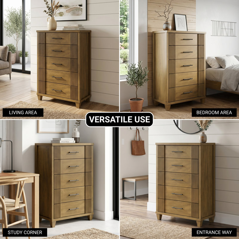 Shalyce 28.7" W Mid-Century Modern Fluted 5-Drawer Chest, Antique Oak