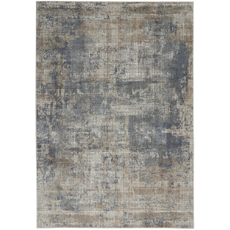 Tapis bleu et beige 4 pi x 6 pi à motif abstrait tissé à la machine