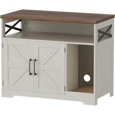 Cat Litter Box Enclosure, Hidden Litter Box with Scratch Pad Farmhouse Cat Litter Box Furniture, Indoor Cat House Washroom End Table, White