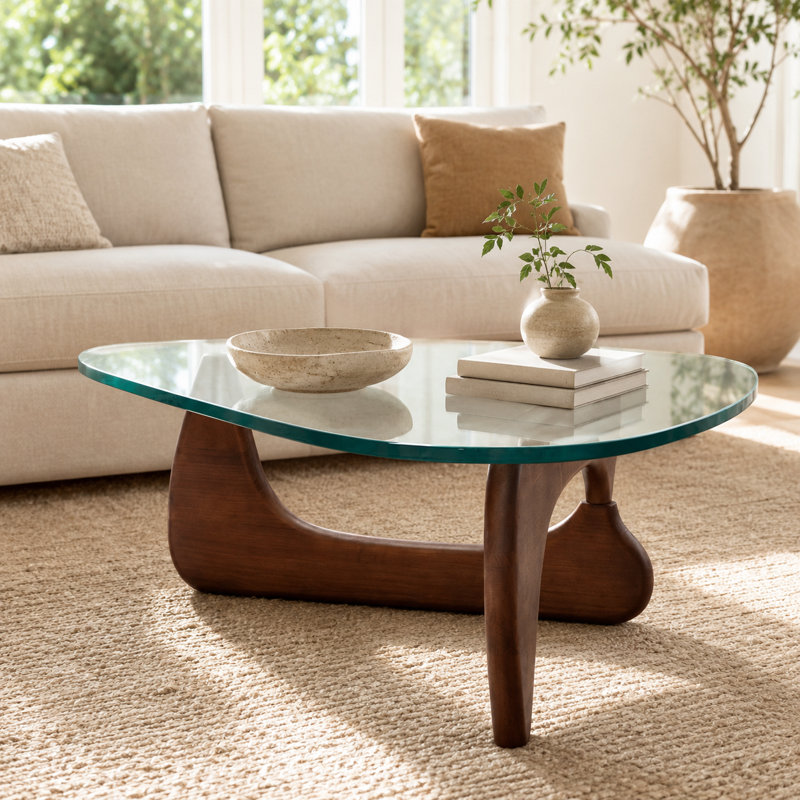 Table basse Mid-Century Premium Triangle avec plateau en verre et base en bois massif, Noyer foncé