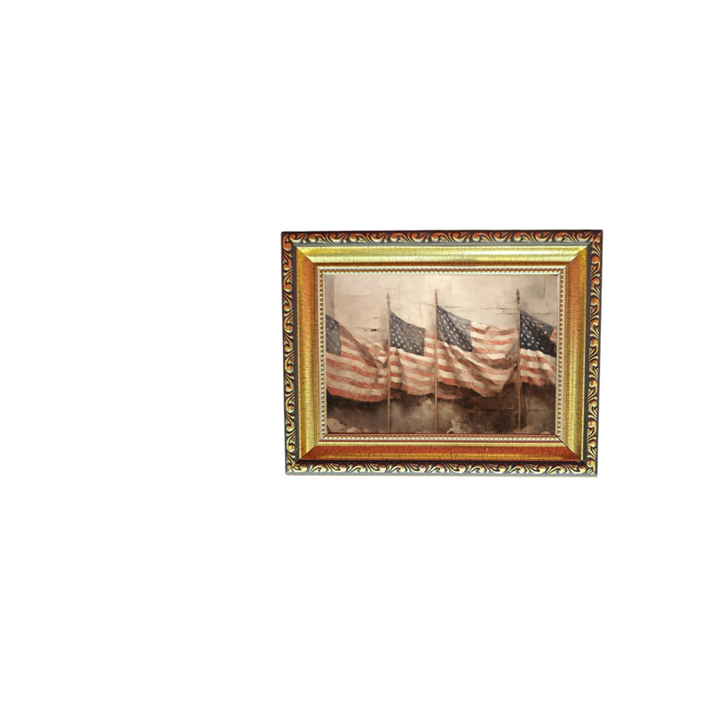 Art antique avec cadre doré et drapeaux américains, H 22 po x l 18 po