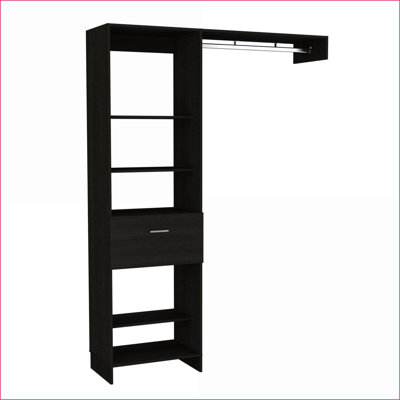 Closet Systems, Modern White 5-Shelf 1-Drawer with Metal Rod, 61” Height | Particle Board | Black