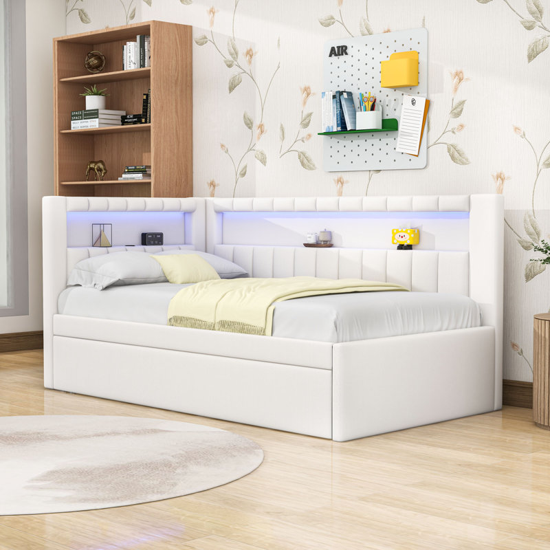 Twin Wooden Bed with Trundle,USB and LED, White