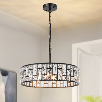 5-Light Modern Crystal Drum Chandeliers, 18”  Black Dinning Room Light Fixture