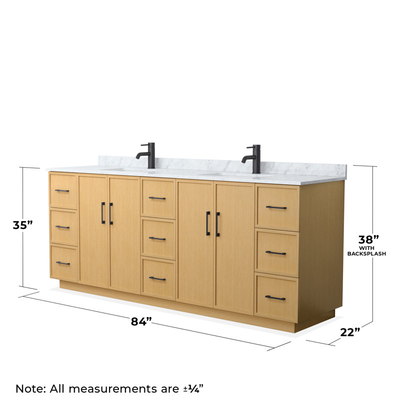 Ensemble de meuble-lavabo double autoportant 84 po avec plateau en marbre Elan TK, Chêne clair, Noir mat