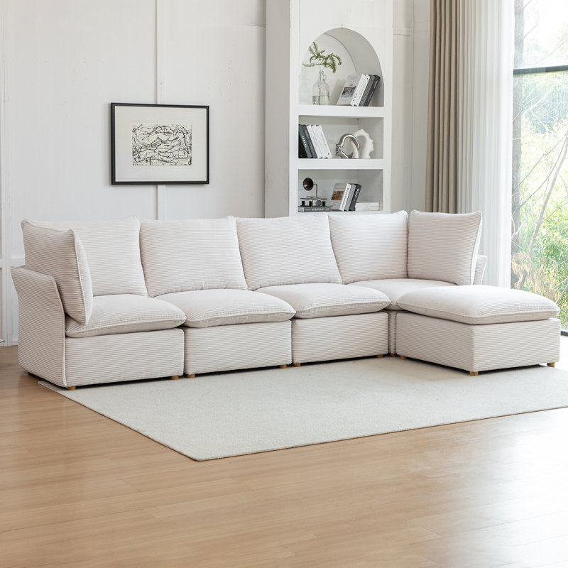 Canapé modulaire avec repose-pieds Hepworth Dejohn, Velours côtelé blanc, H 36 po x l 125 po x P 62,5 po