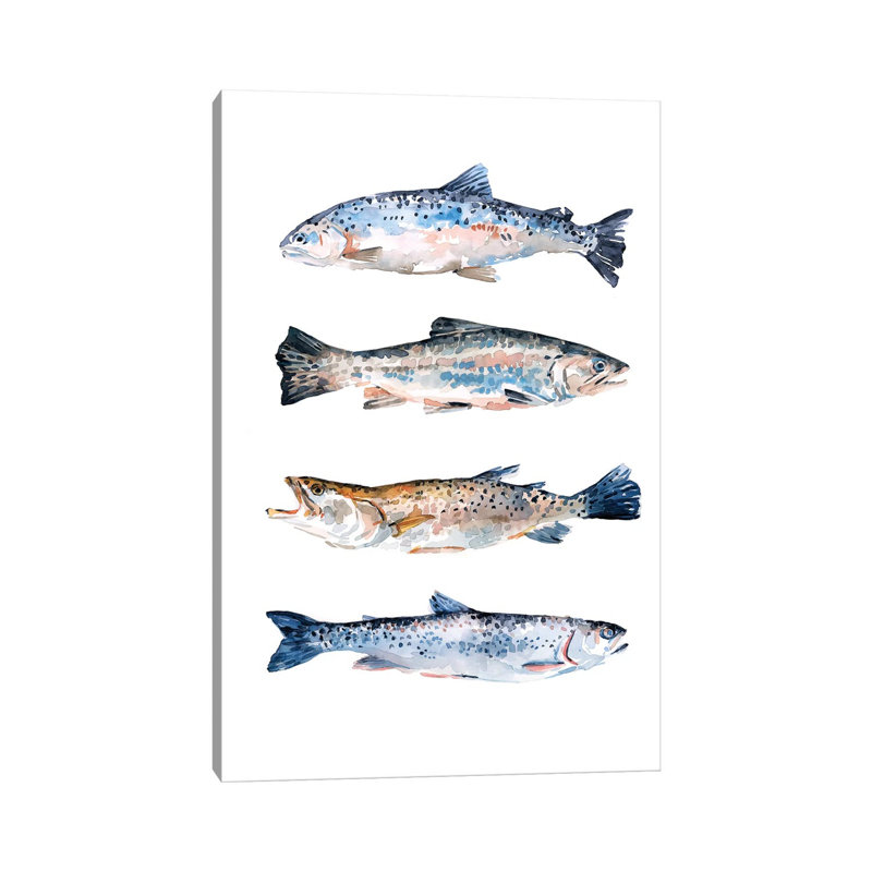 «Stacked Trout II» par Emma Scarvey - peinture sur toile tendue, H 26 po x l 18 po x 1,5 po