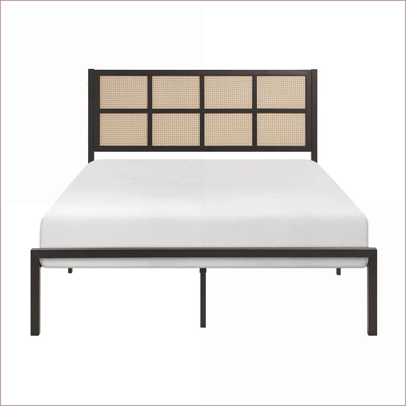 Grand lit plateforme en métal avec tête de lit en faux canne Finition bronze foncé - Pas de sommier nécessaire
