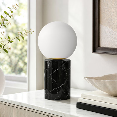 11.5" Modern Natural Black Marble Table Lamp with Milky Glass Globe Shade