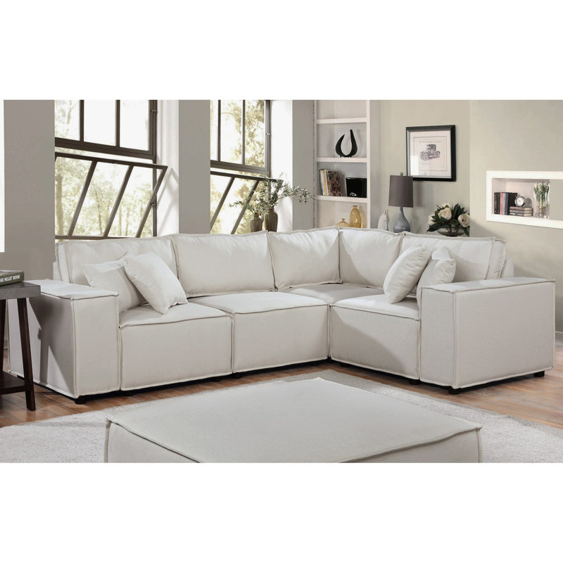 Beige Linen 99" Sectional With - Flexible Seating Options, Welt Trim, Foam Filled Seats Pocket Coil Springs, 5 Cushions Modular Reconfigurable Arrangements, Trim Design, Coils, Pillows