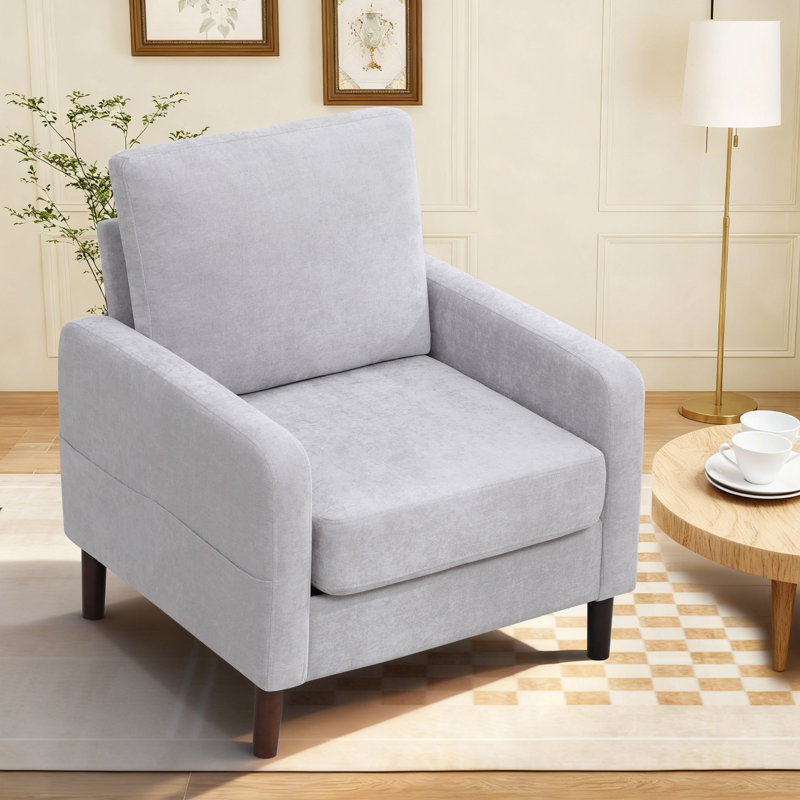Élégante chaise d'appoint rembourrée en tissu avec pieds robustes en bois massif, Gris clair
