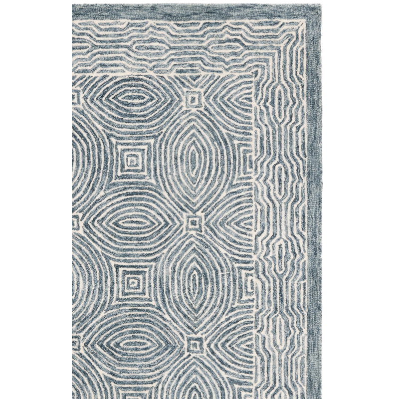 Laine touffetée à la main Micro-Loop 928; Tapis géométrique en coton bleu marine / ivoire, Rectangle 3 pi x 5 pi