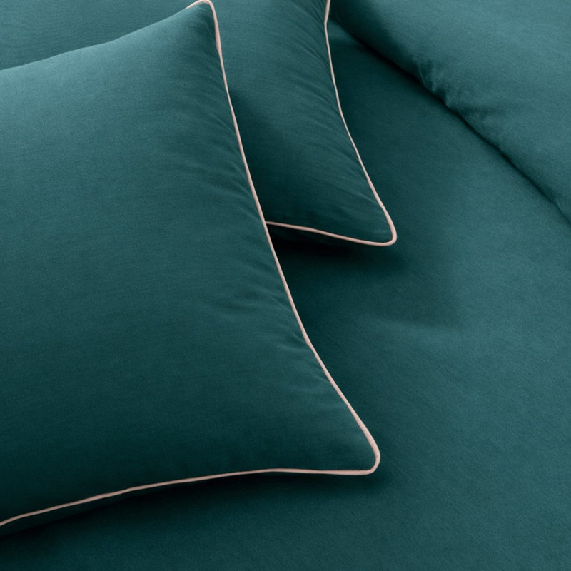 Solid Teal Piped Duvet Cover Set – Modern Coastal Bedding with Pillowcase