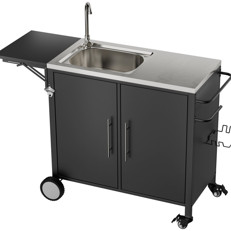 Chariot de gril en métal avec évier et armoire, plateforme pliable, roulettes pour la cour arrière, acier inoxydable 304, drainage complet, rangement facile à installer, table de travail supérieure, espaces, propre,