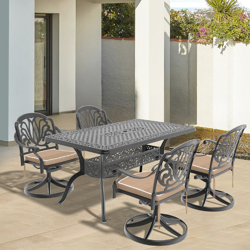 5 ensembles de salle à manger en fonte d'aluminium pour l'extérieur - 4 chaises pivotantes et table rectangulaire, noir, styles de sculpture ornés, fabrication, sièges confortables, capacité de siège de 350 lb, table simple de 160 lb