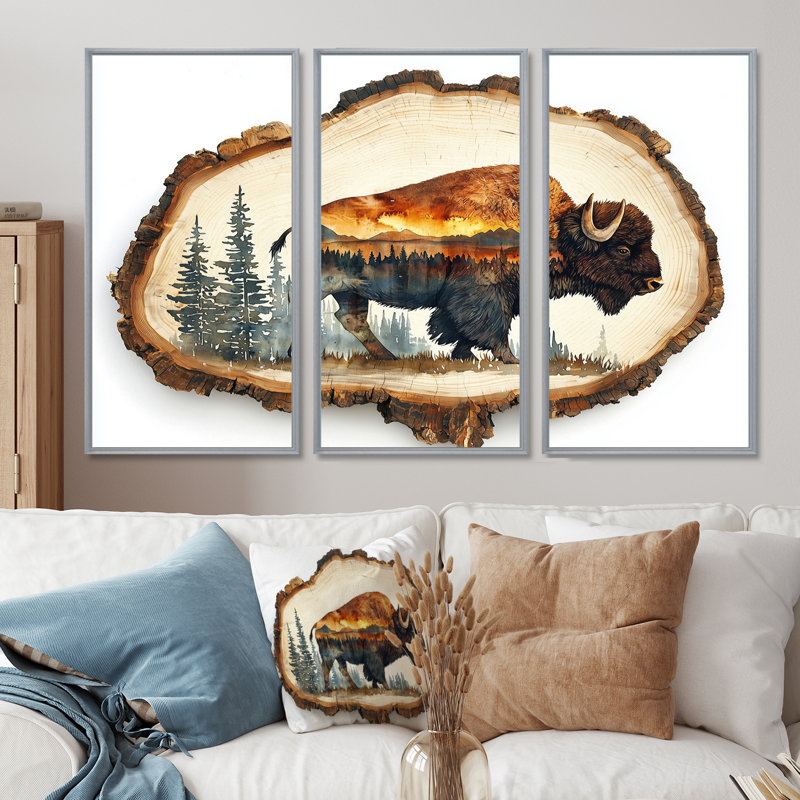 Portrait de bison américain en double exposition Canyon III - art mural bison - ensemble de 3, H 28 po x l 36 po