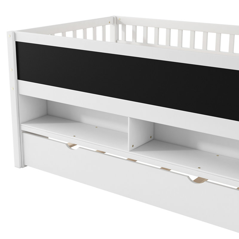 Lit mezzanine bas simple en bois avec tablettes de rangement, tableau noir et lit gigogne, Blanc