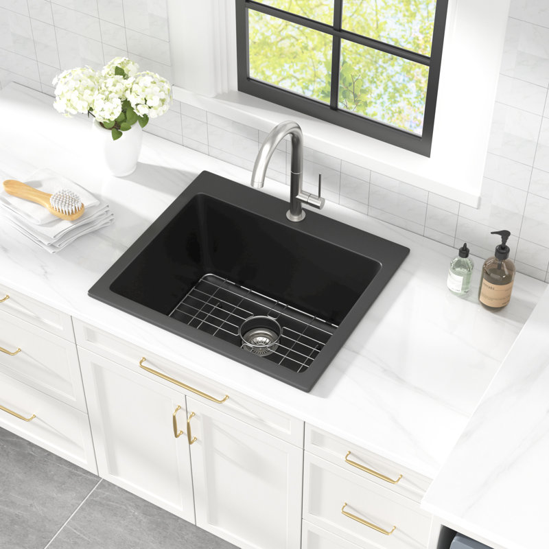 Évier de buanderie en composite de quartz noir mat à cuve simple pour laver et laver les animaux, 23"