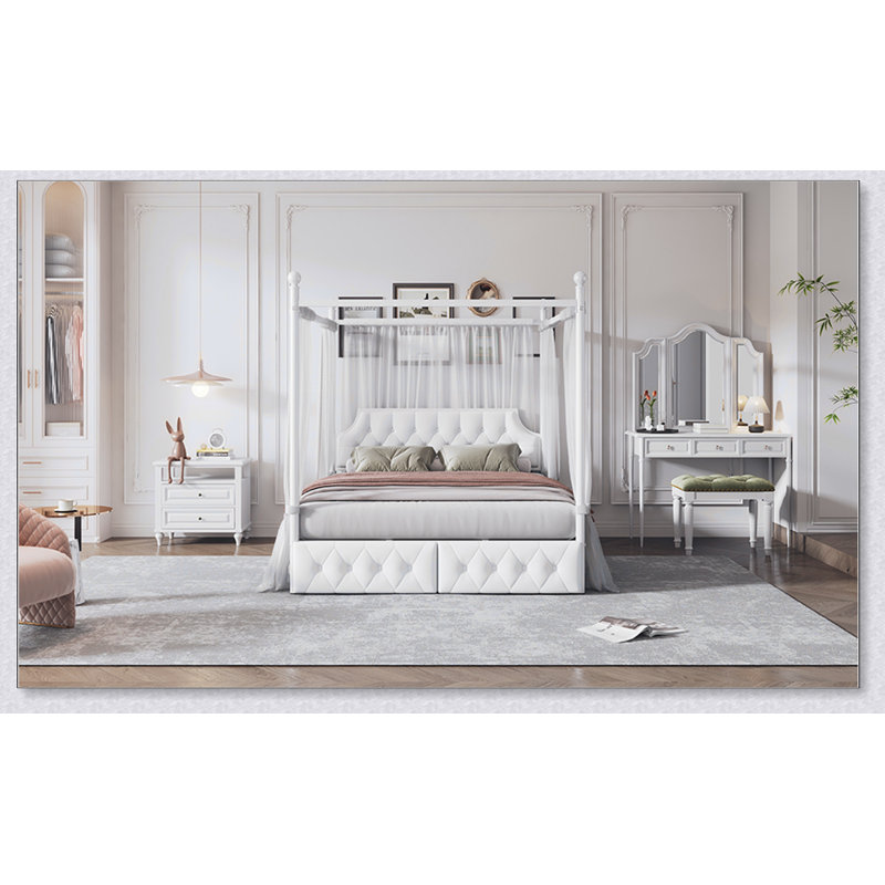 Queen Size Metal Canopy Platform Bed With Upholstered Headboard And Two Storage Drawer