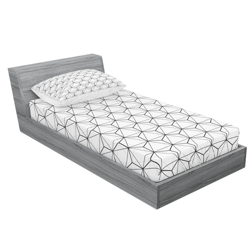 Ensemble de draps hexagonaux superposés, Ensemble de draps pour lit simple TG avec drap-hou, Géométrique, Noir / Blanc / Gris