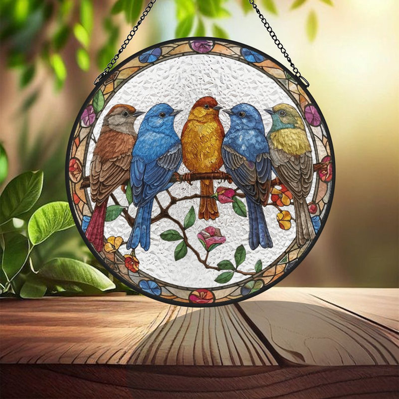 Vitrail oiseaux perché vitrail pour fenêtre, 6,3 x 6,3 po (16 x 16 cm)