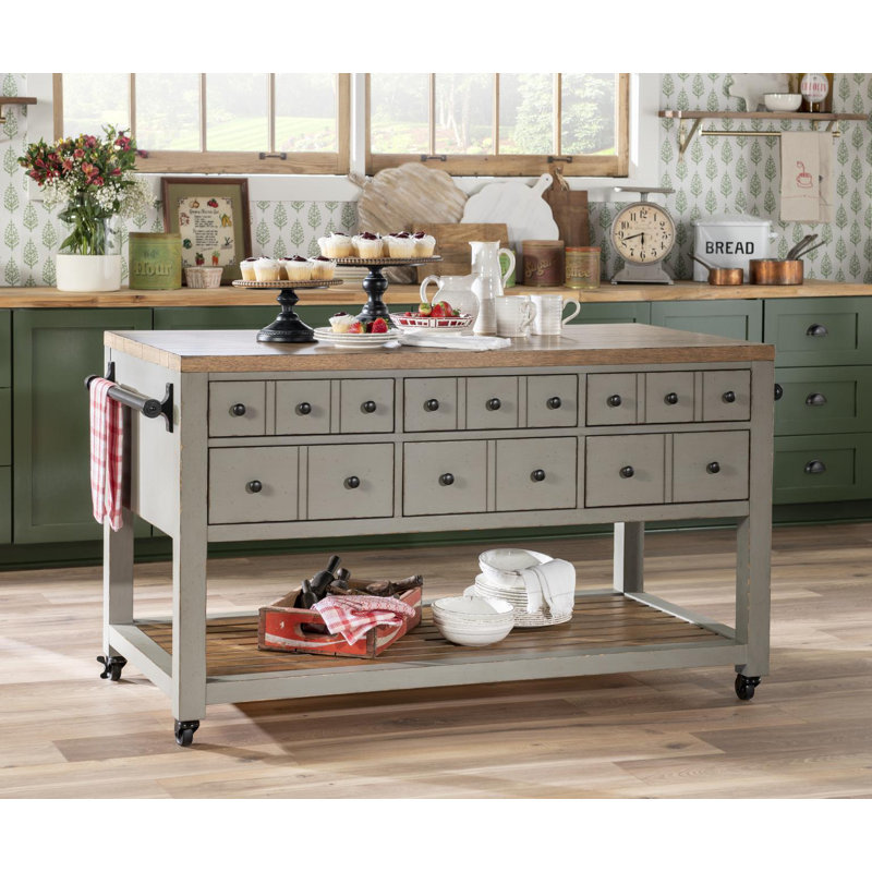 Marionville Kitchen Island with Drawers and Shelves, Green