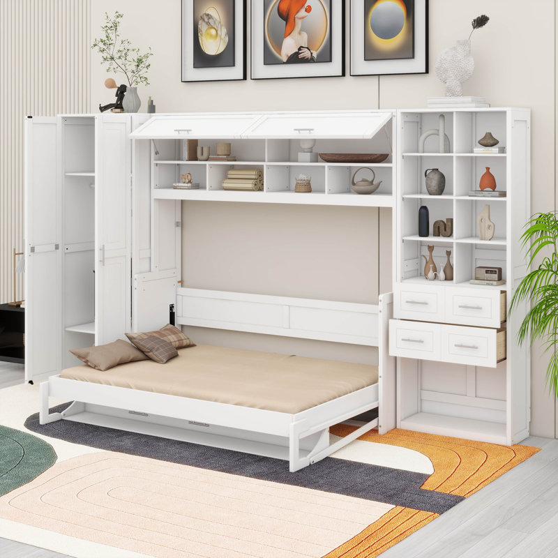 Lit escamotable double, lit escamotable en bois avec placard, tiroirs et tablettes